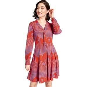 Modcloth Vibrant Red and Blue ‘Pleasant Confidence’ Long Sleeve Dress